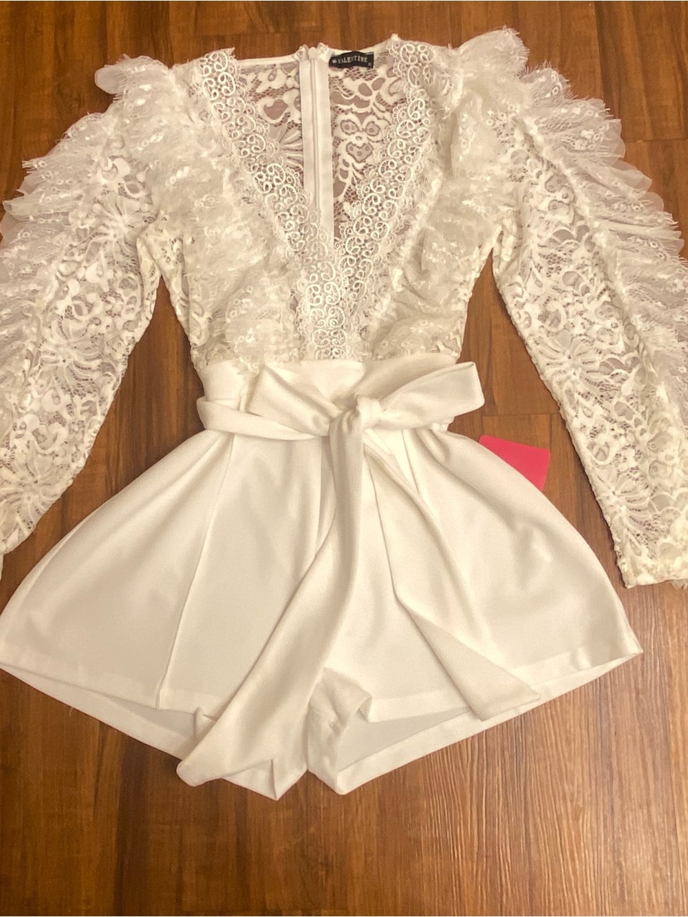 New Lace Bodice White Long-Sleeve Tie-Waist Romper